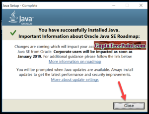 Java Installed Successfully Click on the Close button